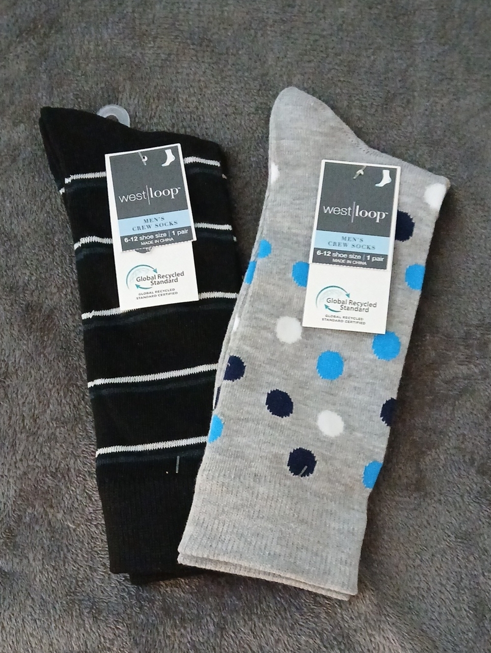 west loop Two-Pack Men's Crew Socks in Black Stripe & Gray Polka Dot
